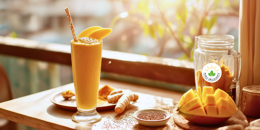 A tall glass of mango turmeric smoothie with a slice of mango and a paper straw, the smoothie’s vibrant yellow-orange color glowing in sunlight.