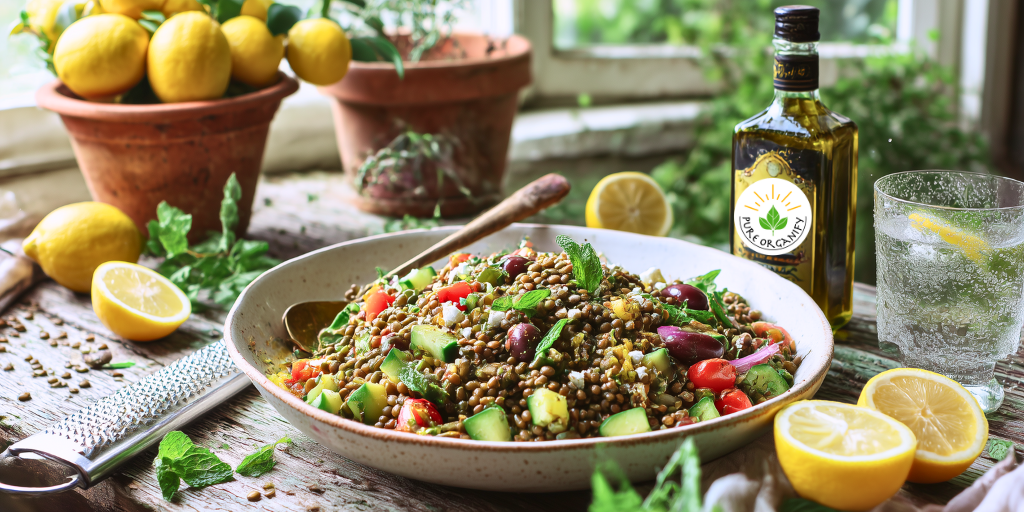 A bowl of Mediterranean lentil salad with green-brown lentils, chopped cucumber, tomatoes, parsley, and feta on top.