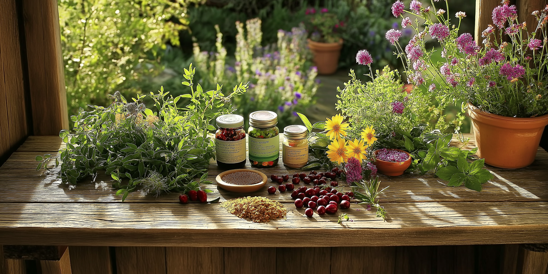 Rustic wooden table in a sunlit garden with organic skincare ingredients like aloe vera, chamomile, and rosehip, alongside Pure Organify’s eco-friendly skincare products, surrounded by blooming flowers and greenery.