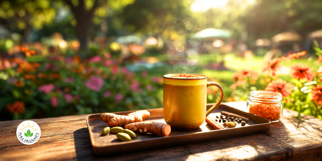 A mug of steaming golden turmeric milk topped with a sprinkle of cinnamon and turmeric powder, with roots and spices around it.