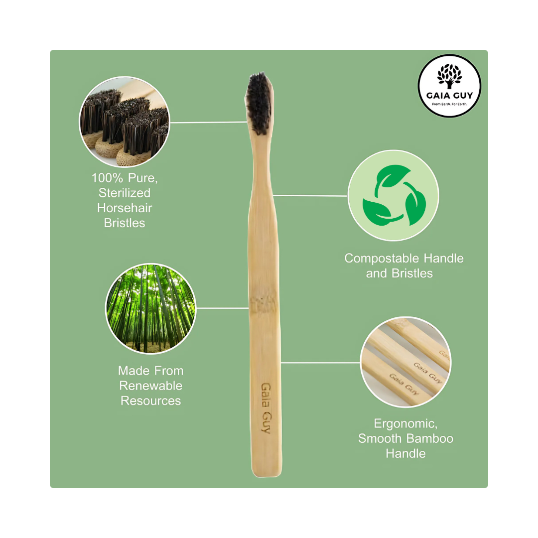 Bamboo and Horsehair Toothbrush, Medium-Soft Horse Hair Bristles (Adult Size)