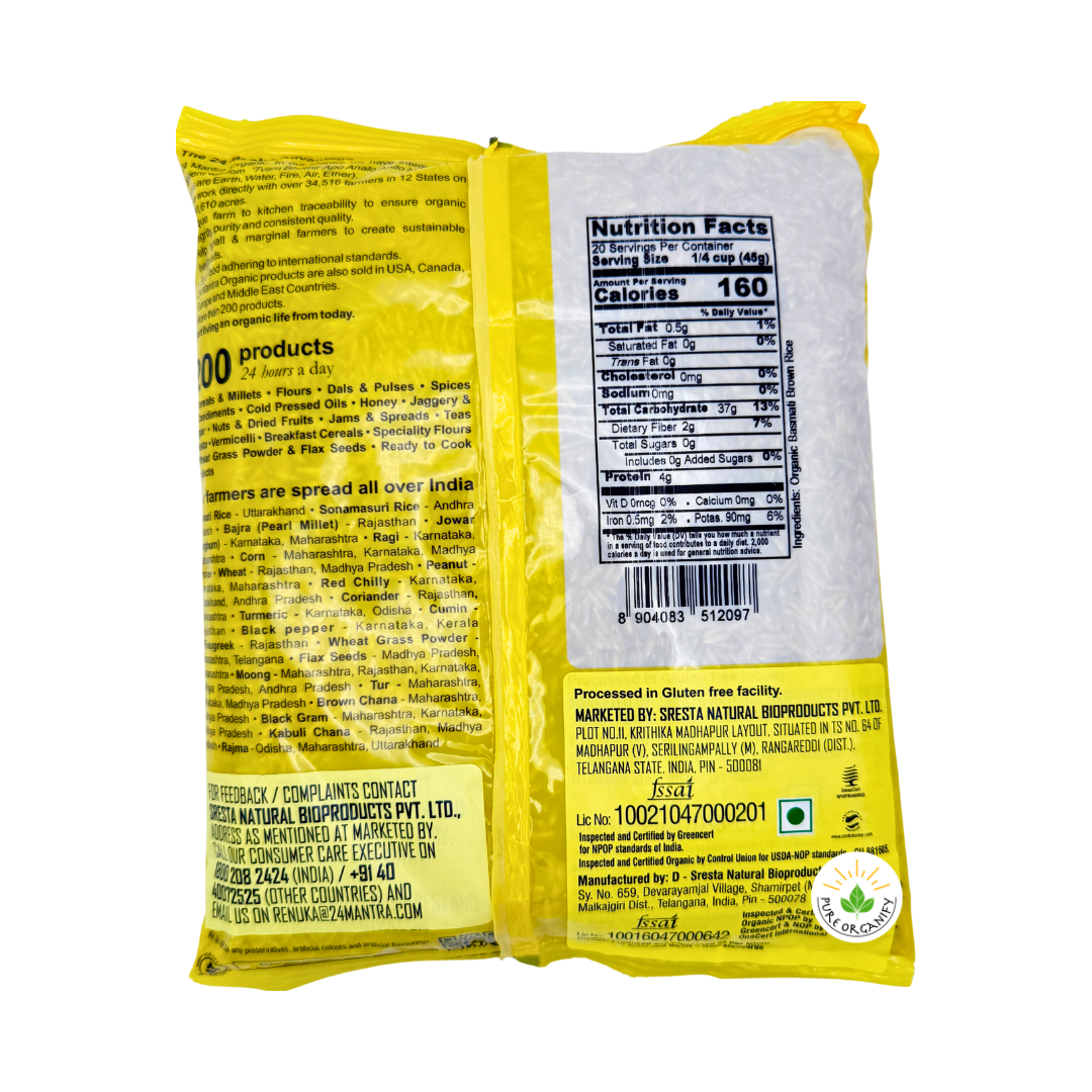 Basmati Brown Rice, Aromatic Long-Grain Rice, Organic, 24 Mantra