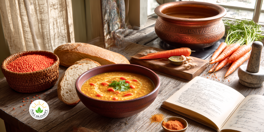 A bowl of carrot ginger lentil soup with a swirl of coconut milk on top and a sprinkle of cilantro, served with crusty bread on the side.