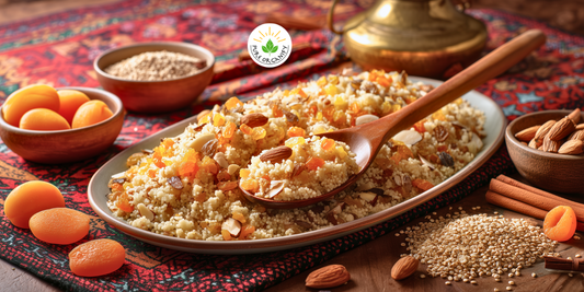 Close-up of a spoon scooping the millet pilaf – you can see the individual millet grains, bits of caramelized onion, dried fruit, and nuts.