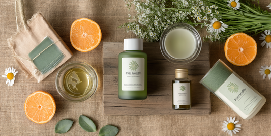 Rustic wooden table in a sunlit garden with organic skincare ingredients like aloe vera, chamomile, and rosehip, alongside Pure Organify’s eco-friendly skincare products, surrounded by blooming flowers and greenery.