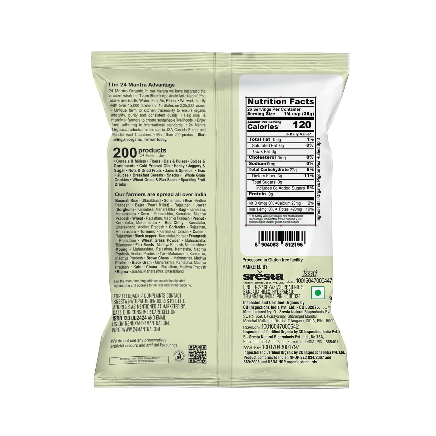 Toor/Arhar Dal (Yellow), Pigeon Pea, Split Without Shell, Organic, 24 Mantra